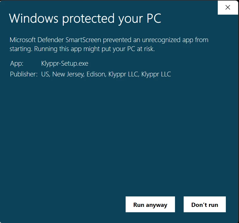 The Windows protected your PC screen after clicking More info, showing App: Klyppr-Setup.exe, Publisher: Klyppr LLC, and the Run anyway button.
