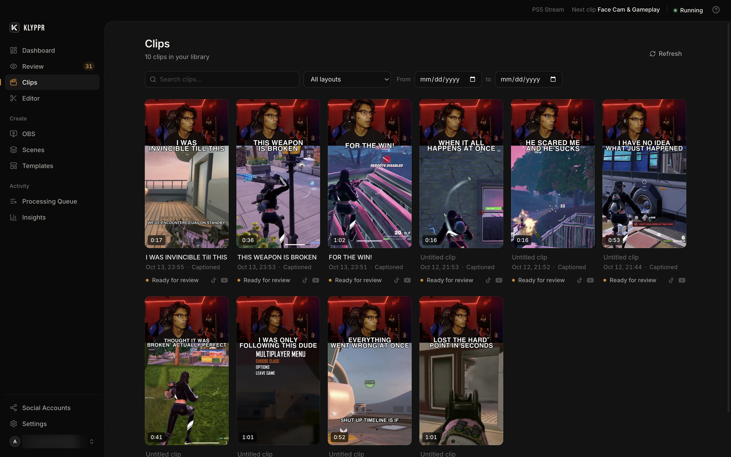 KLYPPR Clips library with processed vertical clips, search, layout and date filters, and review status