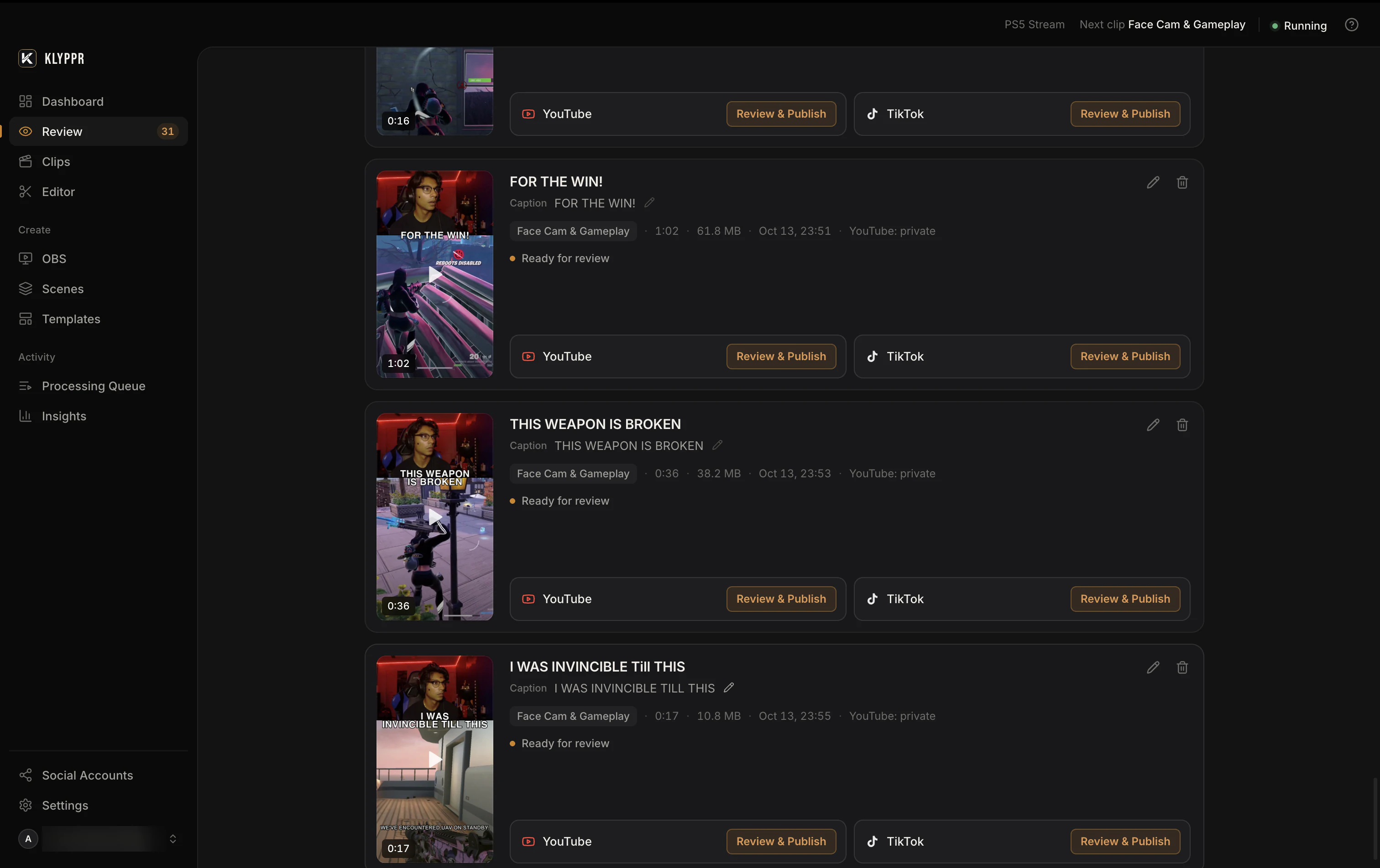 KLYPPR Review queue showing clip previews, edit controls, review status and Review and Publish buttons